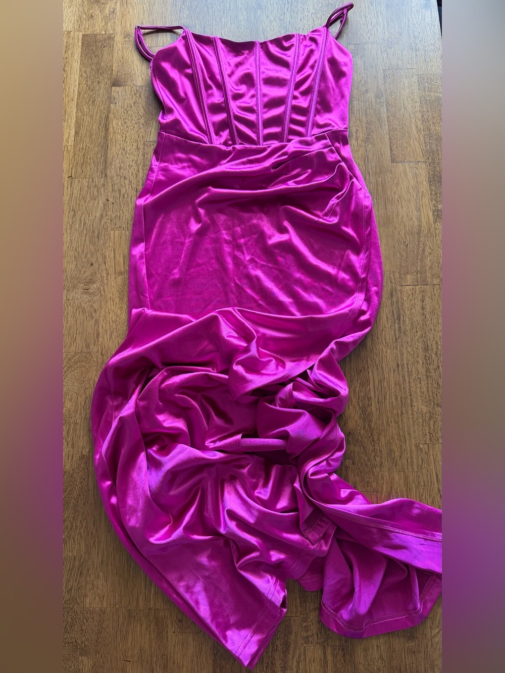 Magenta Satin Spaghetti-Strap Evening Dress